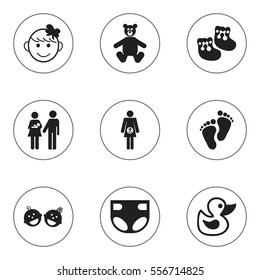 Set Of 9 Editable Infant Icons. Includes Symbols Such As Nappy, Bath Toys, Twins Babies And More. Can Be Used For Web, Mobile, UI And Infographic Design.