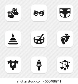 Set Of 9 Editable Infant Icons. Includes Symbols Such As Tower, Shoes For Babies, Spoon And More. Can Be Used For Web, Mobile, UI And Infographic Design.