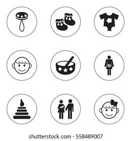 Set Of 9 Editable Infant Icons. Includes Symbols Such As Pregnancy, Small Dresses, Cheerful Child And More. Can Be Used For Web, Mobile, UI And Infographic Design.