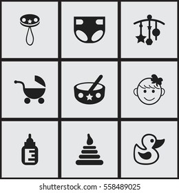 Set Of 9 Editable Infant Icons. Includes Symbols Such As Spoon, Stroller, Bath Toys And More. Can Be Used For Web, Mobile, UI And Infographic Design.