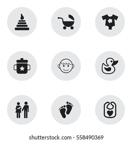 Set Of 9 Editable Infant Icons. Includes Symbols Such As Footmark, Merry Children, Stroller And More. Can Be Used For Web, Mobile, UI And Infographic Design.