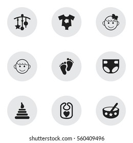 Set Of 9 Editable Infant Icons. Includes Symbols Such As Pinafore, Nappy, Footmark And More. Can Be Used For Web, Mobile, UI And Infographic Design.