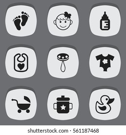 Set Of 9 Editable Infant Icons. Includes Symbols Such As Cheerful Child, Pinafore, Bath Toys And More. Can Be Used For Web, Mobile, UI And Infographic Design.