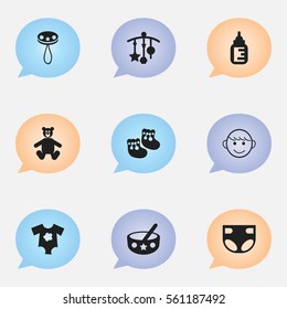 Set Of 9 Editable Infant Icons. Includes Symbols Such As Merry Children, Shoes For Babies, Teddy And More. Can Be Used For Web, Mobile, UI And Infographic Design.