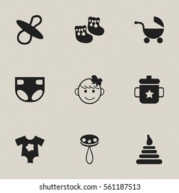 Set Of 9 Editable Infant Icons. Includes Symbols Such As Tower, Nappy, Cheerful Child And More. Can Be Used For Web, Mobile, UI And Infographic Design.