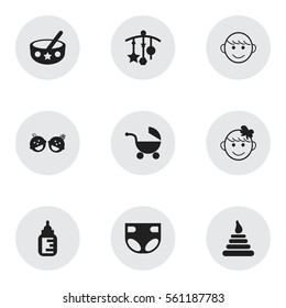 Set Of 9 Editable Infant Icons. Includes Symbols Such As Adorn, Nappy, Tower And More. Can Be Used For Web, Mobile, UI And Infographic Design.