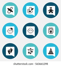 Set Of 9 Editable Infant Icons. Includes Symbols Such As Bath Toys, Pinafore, Soothers And More. Can Be Used For Web, Mobile, UI And Infographic Design.