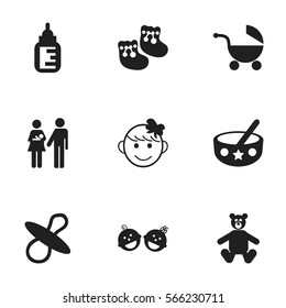 Set Of 9 Editable Infant Icons. Includes Symbols Such As Cheerful Child, Shoes For Babies, Twins Babies And More. Can Be Used For Web, Mobile, UI And Infographic Design.