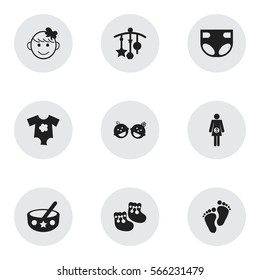 Set Of 9 Editable Infant Icons. Includes Symbols Such As Small Dresses, Twins Babies, Nappy And More. Can Be Used For Web, Mobile, UI And Infographic Design.