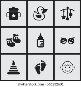 Set Of 9 Editable Infant Icons. Includes Symbols Such As Goplet, Tower, Adorn And More. Can Be Used For Web, Mobile, UI And Infographic Design.
