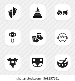 Set Of 9 Editable Infant Icons. Includes Symbols Such As Small Dresses, Footmark, Nappy And More. Can Be Used For Web, Mobile, UI And Infographic Design.