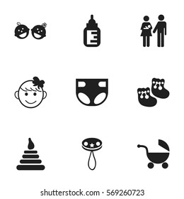 Set Of 9 Editable Infant Icons. Includes Symbols Such As Cheerful Child, Nursing Bottle, Nappy And More. Can Be Used For Web, Mobile, UI And Infographic Design.