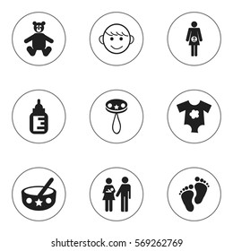 Set Of 9 Editable Infant Icons. Includes Symbols Such As Merry Children, Teddy, Pregnancy And More. Can Be Used For Web, Mobile, UI And Infographic Design.