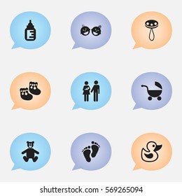 Set Of 9 Editable Infant Icons. Includes Symbols Such As Teddy, Lineage, Stroller And More. Can Be Used For Web, Mobile, UI And Infographic Design.