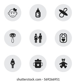 Set Of 9 Editable Infant Icons. Includes Symbols Such As Pregnancy, Goplet, Nursing Bottle And More. Can Be Used For Web, Mobile, UI And Infographic Design.