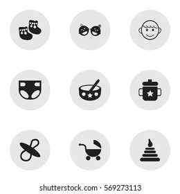 Set Of 9 Editable Infant Icons. Includes Symbols Such As Goplet, Twins Babies, Spoon And More. Can Be Used For Web, Mobile, UI And Infographic Design.