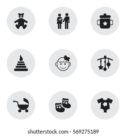 Set Of 9 Editable Infant Icons. Includes Symbols Such As Goplet, Cheerful Child, Adorn And More. Can Be Used For Web, Mobile, UI And Infographic Design.