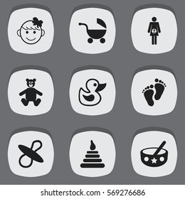 Set Of 9 Editable Infant Icons. Includes Symbols Such As Pregnancy, Footmark, Teddy And More. Can Be Used For Web, Mobile, UI And Infographic Design.