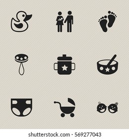 Set Of 9 Editable Infant Icons. Includes Symbols Such As Stroller, Nappy, Twins Babies And More. Can Be Used For Web, Mobile, UI And Infographic Design.