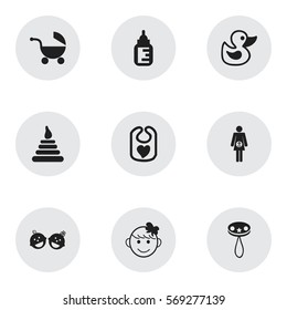 Set Of 9 Editable Infant Icons. Includes Symbols Such As Pregnancy, Pinafore, Stroller And More. Can Be Used For Web, Mobile, UI And Infographic Design.