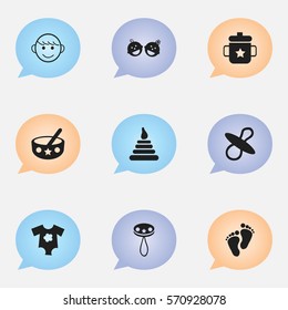 Set Of 9 Editable Infant Icons. Includes Symbols Such As Soothers, Goplet, Merry Children And More. Can Be Used For Web, Mobile, UI And Infographic Design.