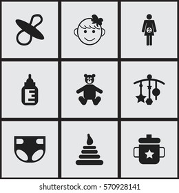Set Of 9 Editable Infant Icons. Includes Symbols Such As Tower, Teddy, Cheerful Child And More. Can Be Used For Web, Mobile, UI And Infographic Design.