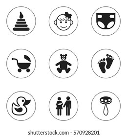 Set Of 9 Editable Infant Icons. Includes Symbols Such As Footmark, Cheerful Child, Lineage And More. Can Be Used For Web, Mobile, UI And Infographic Design.