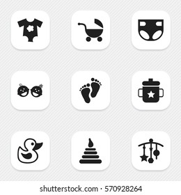 Set Of 9 Editable Infant Icons. Includes Symbols Such As Nappy, Twins Babies, Stroller And More. Can Be Used For Web, Mobile, UI And Infographic Design.