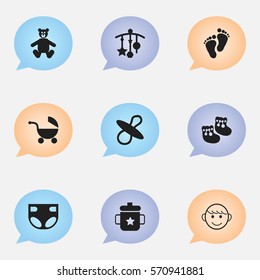 Set Of 9 Editable Infant Icons. Includes Symbols Such As Soothers, Shoes For Babies, Teddy And More. Can Be Used For Web, Mobile, UI And Infographic Design.