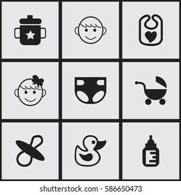 Set Of 9 Editable Infant Icons. Includes Symbols Such As Stroller, Nursing Bottle, Soothers And More. Can Be Used For Web, Mobile, UI And Infographic Design.