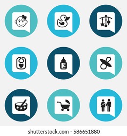 Set Of 9 Editable Infant Icons. Includes Symbols Such As Bath Toys, Lineage, Stroller And More. Can Be Used For Web, Mobile, UI And Infographic Design.
