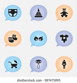 Set Of 9 Editable Infant Icons. Includes Symbols Such As Rattle, Shoes For Babies, Stroller And More. Can Be Used For Web, Mobile, UI And Infographic Design.
