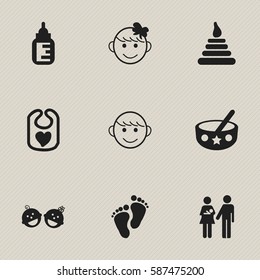 Set Of 9 Editable Infant Icons. Includes Symbols Such As Merry Children, Lineage, Nursing Bottle And More. Can Be Used For Web, Mobile, UI And Infographic Design.