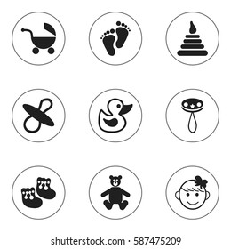 Set Of 9 Editable Infant Icons. Includes Symbols Such As Tower, Rattle, Bath Toys And More. Can Be Used For Web, Mobile, UI And Infographic Design.