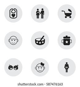 Set Of 9 Editable Infant Icons. Includes Symbols Such As Twins Babies, Stroller, Cheerful Child And More. Can Be Used For Web, Mobile, UI And Infographic Design.