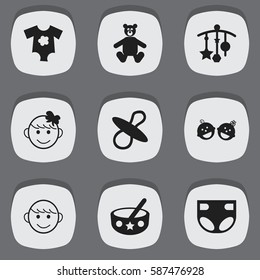 Set Of 9 Editable Infant Icons. Includes Symbols Such As Teddy, Soothers, Twins Babies And More. Can Be Used For Web, Mobile, UI And Infographic Design.