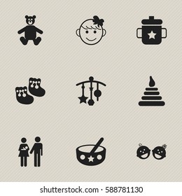 Set Of 9 Editable Infant Icons. Includes Symbols Such As Cheerful Child, Twins Babies, Shoes For Babies And More. Can Be Used For Web, Mobile, UI And Infographic Design.