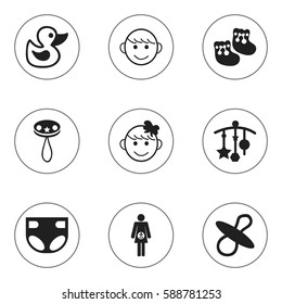 Set Of 9 Editable Infant Icons. Includes Symbols Such As Bath Toys, Shoes For Babies, Merry Children And More. Can Be Used For Web, Mobile, UI And Infographic Design.