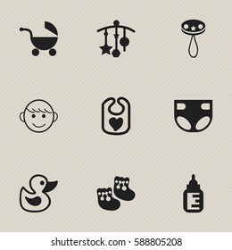 Set Of 9 Editable Infant Icons. Includes Symbols Such As Rattle, Merry Children, Shoes For Babies And More. Can Be Used For Web, Mobile, UI And Infographic Design.