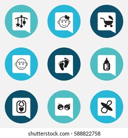 Set Of 9 Editable Infant Icons. Includes Symbols Such As Nursing Bottle, Footmark, Stroller And More. Can Be Used For Web, Mobile, UI And Infographic Design.