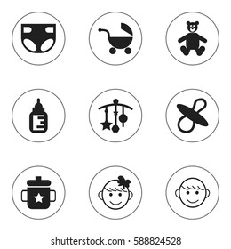 Set Of 9 Editable Infant Icons. Includes Symbols Such As Merry Children, Soothers, Nursing Bottle And More. Can Be Used For Web, Mobile, UI And Infographic Design.