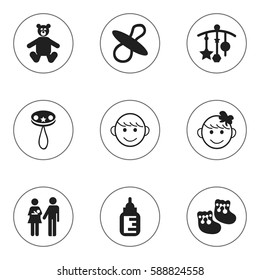 Set Of 9 Editable Infant Icons. Includes Symbols Such As Teddy, Adorn, Merry Children And More. Can Be Used For Web, Mobile, UI And Infographic Design.