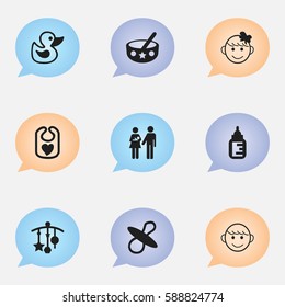 Set Of 9 Editable Infant Icons. Includes Symbols Such As Adorn, Bath Toys, Pinafore And More. Can Be Used For Web, Mobile, UI And Infographic Design.