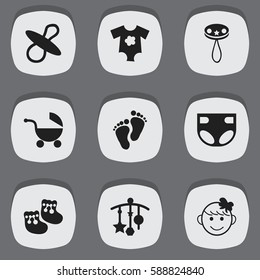 Set Of 9 Editable Infant Icons. Includes Symbols Such As Shoes For Babies, Nappy, Cheerful Child And More. Can Be Used For Web, Mobile, UI And Infographic Design.