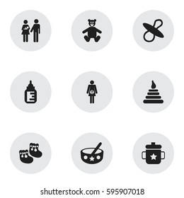 Set Of 9 Editable Infant Icons. Includes Symbols Such As Tower, Soothers, Lineage And More. Can Be Used For Web, Mobile, UI And Infographic Design.