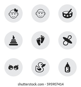 Set Of 9 Editable Infant Icons. Includes Symbols Such As Cheerful Child, Twins Babies, Nursing Bottle And More. Can Be Used For Web, Mobile, UI And Infographic Design.