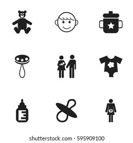 Set Of 9 Editable Infant Icons. Includes Symbols Such As Merry Children, Small Dresses, Goplet And More. Can Be Used For Web, Mobile, UI And Infographic Design.
