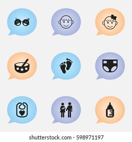 Set Of 9 Editable Infant Icons. Includes Symbols Such As Spoon, Pinafore, Nursing Bottle And More. Can Be Used For Web, Mobile, UI And Infographic Design.