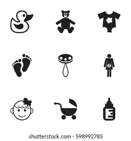 Set Of 9 Editable Infant Icons. Includes Symbols Such As Small Dresses, Cheerful Child, Bath Toys And More. Can Be Used For Web, Mobile, UI And Infographic Design.
