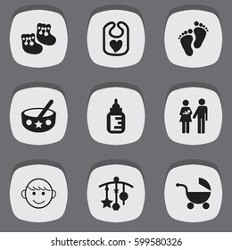 Set Of 9 Editable Infant Icons. Includes Symbols Such As Shoes For Babies, Pinafore, Nursing Bottle And More. Can Be Used For Web, Mobile, UI And Infographic Design.